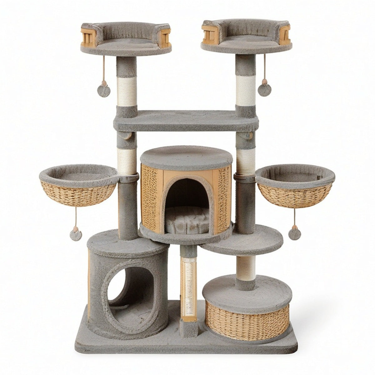 Arbre à chat multiniveau gris et naturel 120 × 60 × 190 cm avec niches, paniers, plateformes et poteaux en sisal