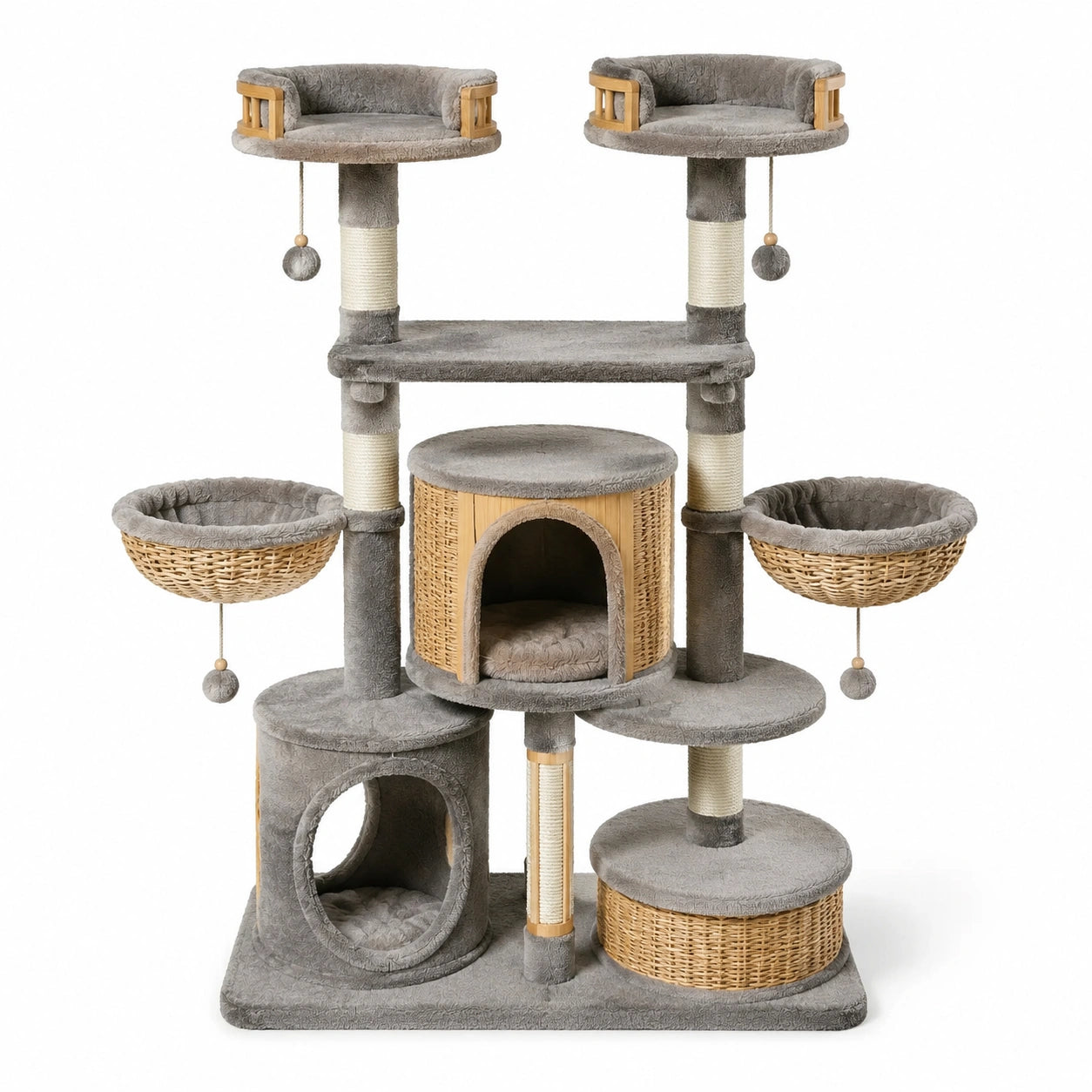 Arbre à chat multiniveau gris et naturel 120 × 60 × 190 cm avec niches, paniers, plateformes et poteaux en sisal