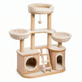 Arbre à chat en bois beige 130 × 50 × 150 cm avec griffoirs, niches, paniers et échelle