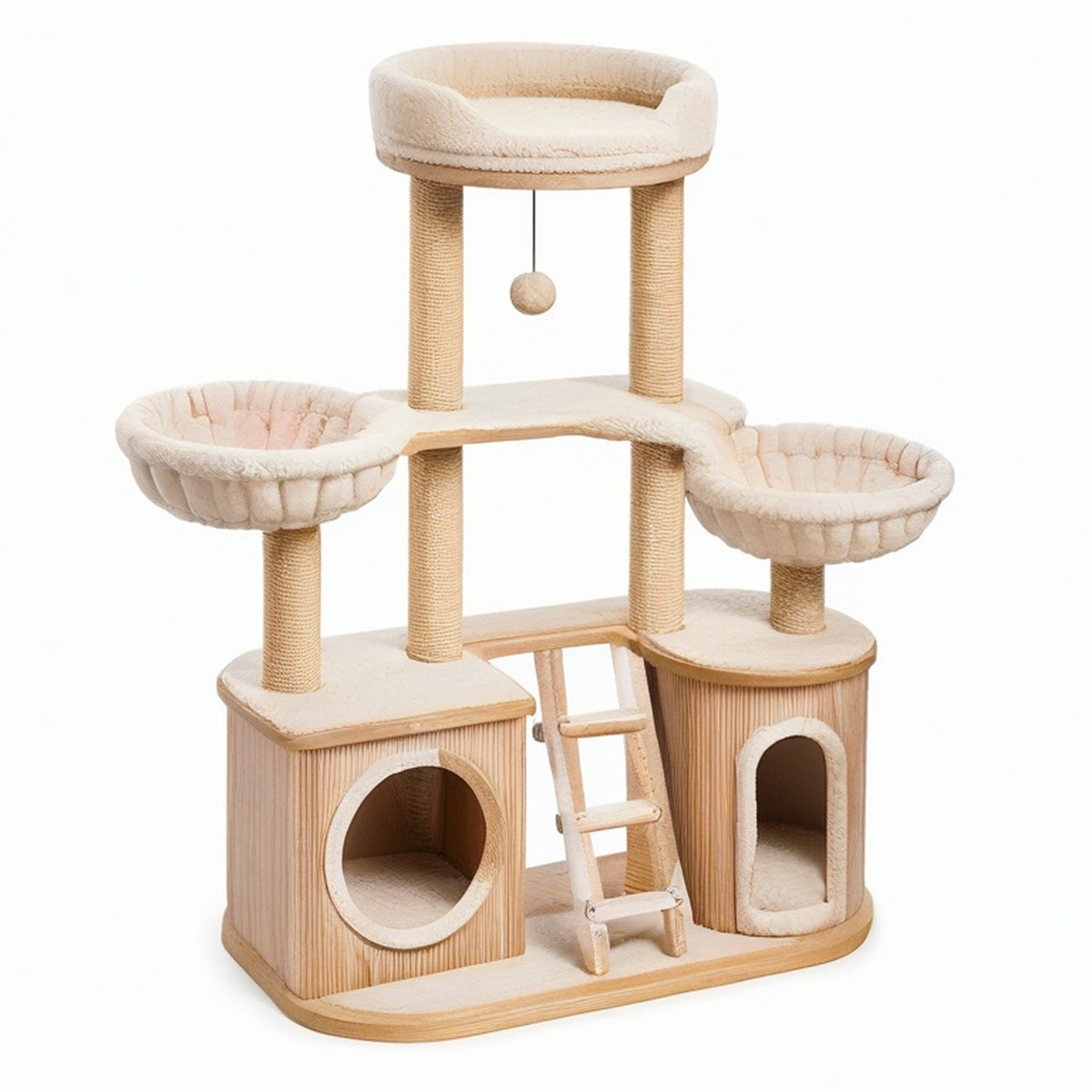 Arbre à chat en bois beige 130 × 50 × 150 cm avec griffoirs, niches, paniers et échelle