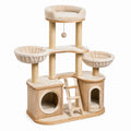 Arbre à chat en bois beige 130 × 50 × 150 cm avec griffoirs, niches, paniers et échelle