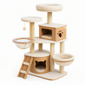 Arbre à chat en bois naturel, sisal et tissu beige, 95 × 60 × 150 cm, avec niches, vasques et plateformes