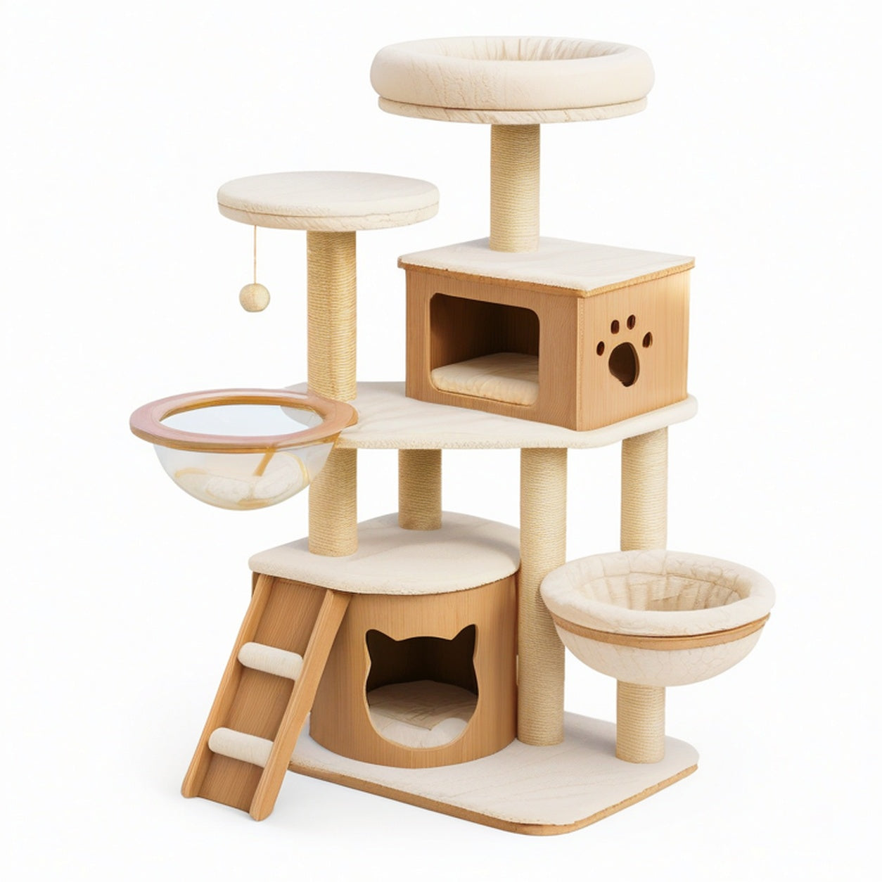 Arbre à chat en bois naturel, sisal et tissu beige, 95 × 60 × 150 cm, avec niches, vasques et plateformes