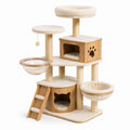 Arbre à chat en bois naturel, sisal et tissu beige, 95 × 60 × 150 cm, avec niches, vasques et plateformes