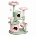 Arbre à chat multiniveau floral en peluche et sisal rose, vert et blanc, 60 × 50 × 140 cm