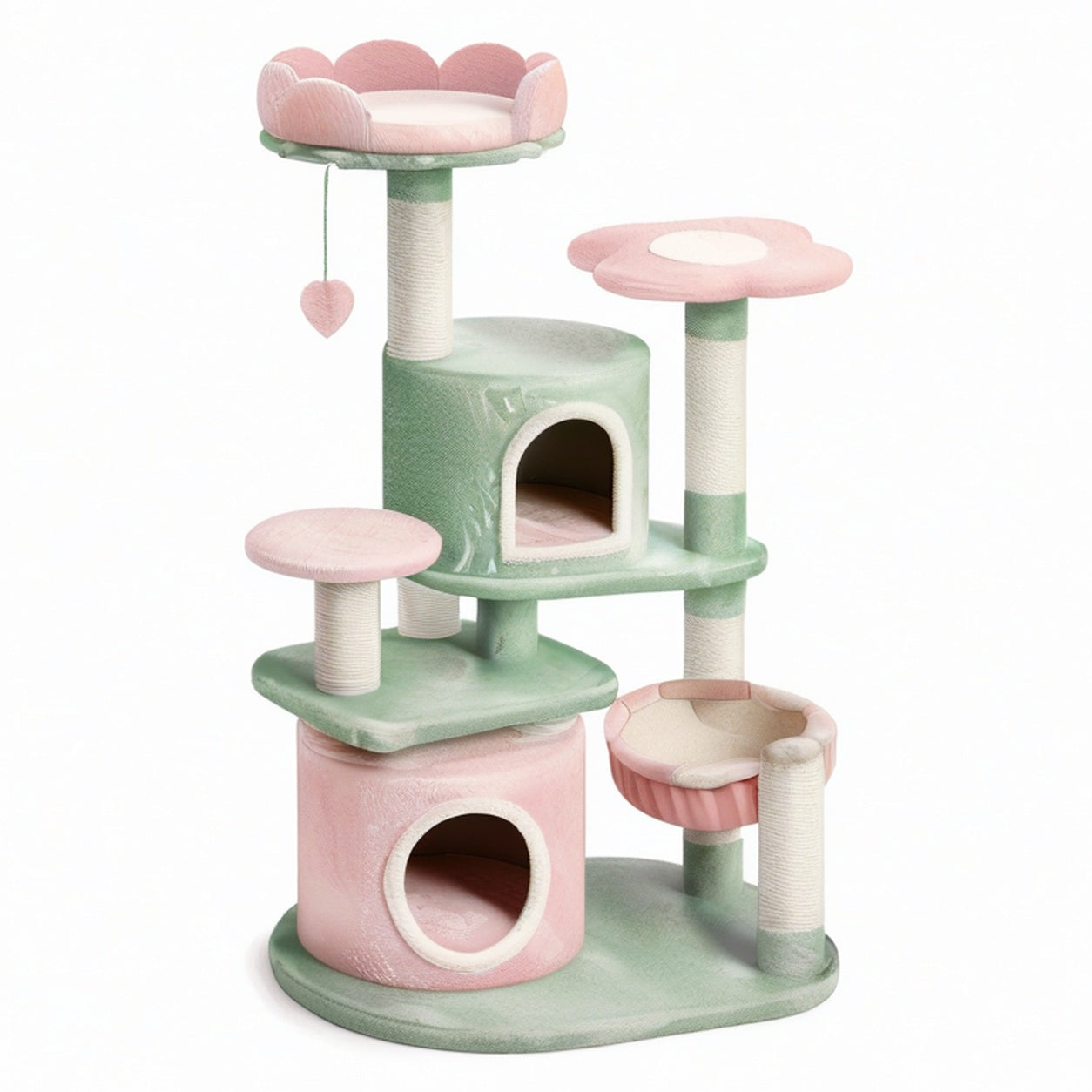 Arbre à chat multiniveau floral en peluche et sisal rose, vert et blanc, 60 × 50 × 140 cm