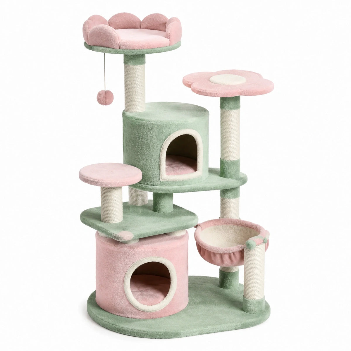 Arbre à chat multiniveau floral en peluche et sisal rose, vert et blanc, 60 × 50 × 140 cm