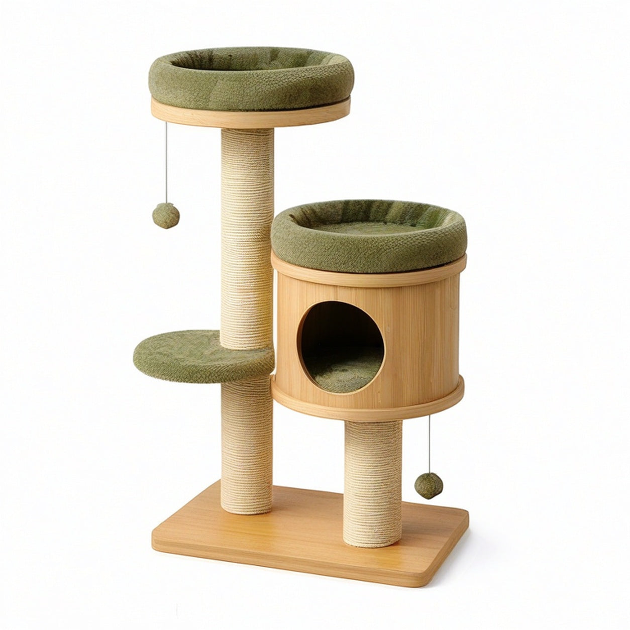 Arbre à chat en bois naturel, sisal beige et tissu vert olive, 60 × 45 × 115 cm, avec niche et couchages
