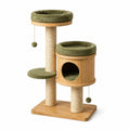 Arbre à chat en bois naturel, sisal beige et tissu vert olive, 60 × 45 × 115 cm, avec niche et couchages