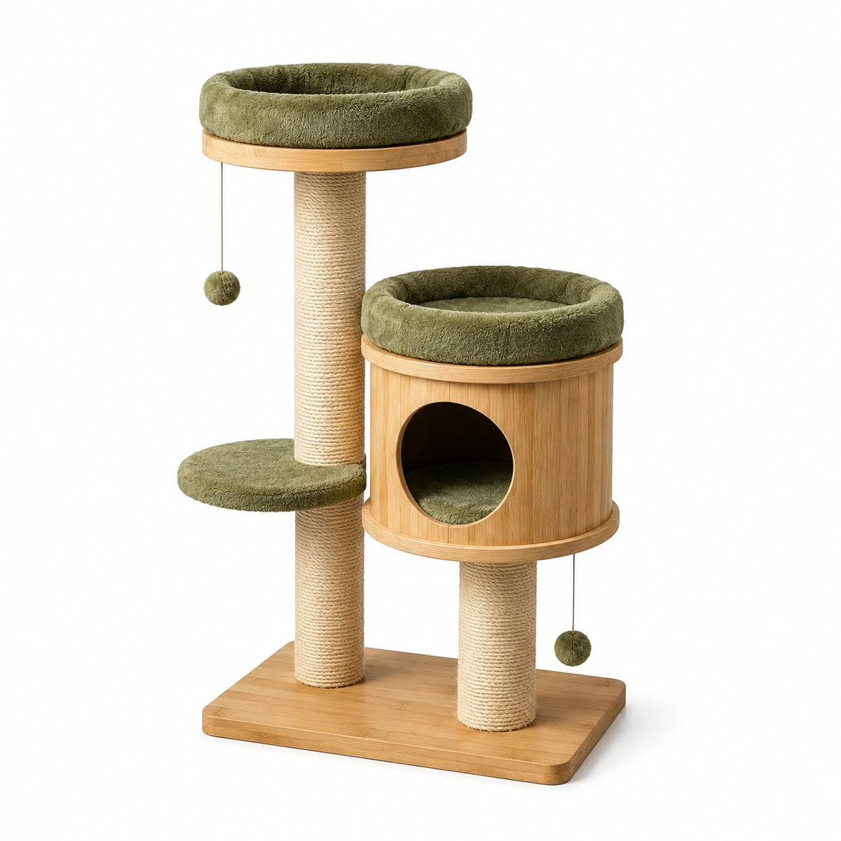 Arbre à chat en bois naturel, sisal beige et tissu vert olive, 60 × 45 × 115 cm, avec niche et couchages