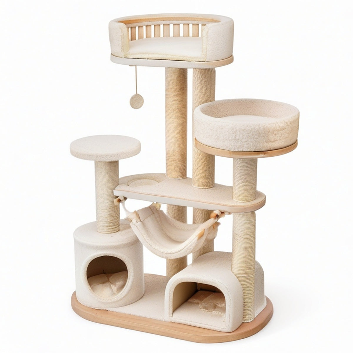 Arbre à chat multiniveau 75 × 45 × 155 cm en bois, sisal et peluche beige avec niches et hamac