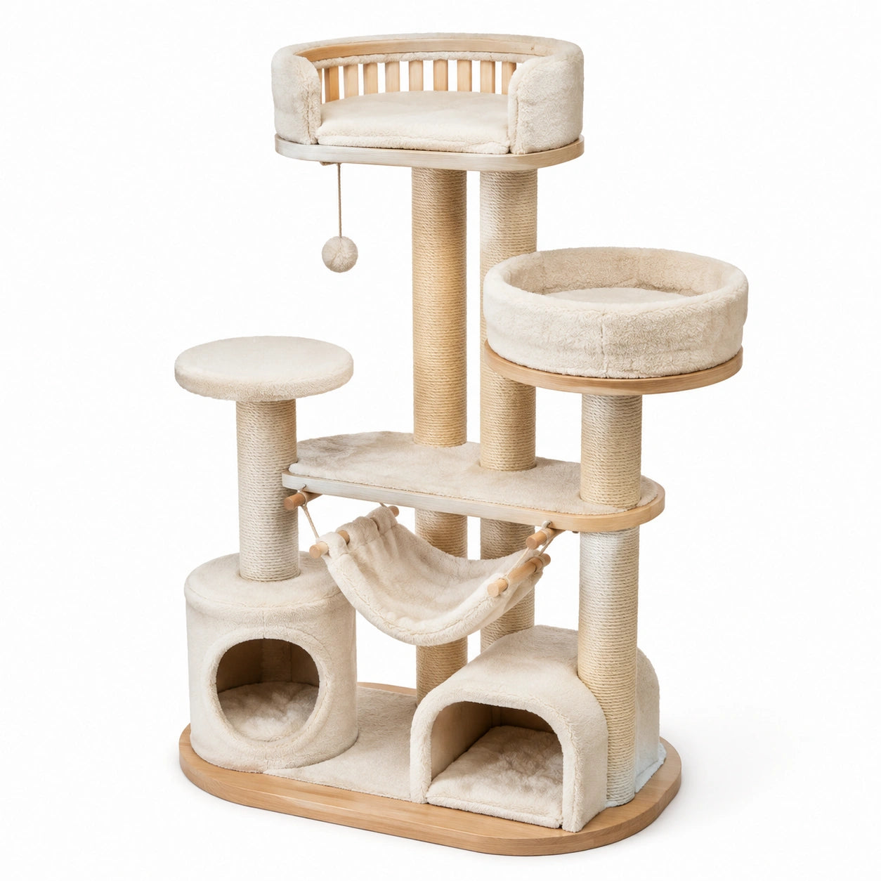 Arbre à chat multiniveau 75 × 45 × 155 cm en bois, sisal et peluche beige avec niches et hamac