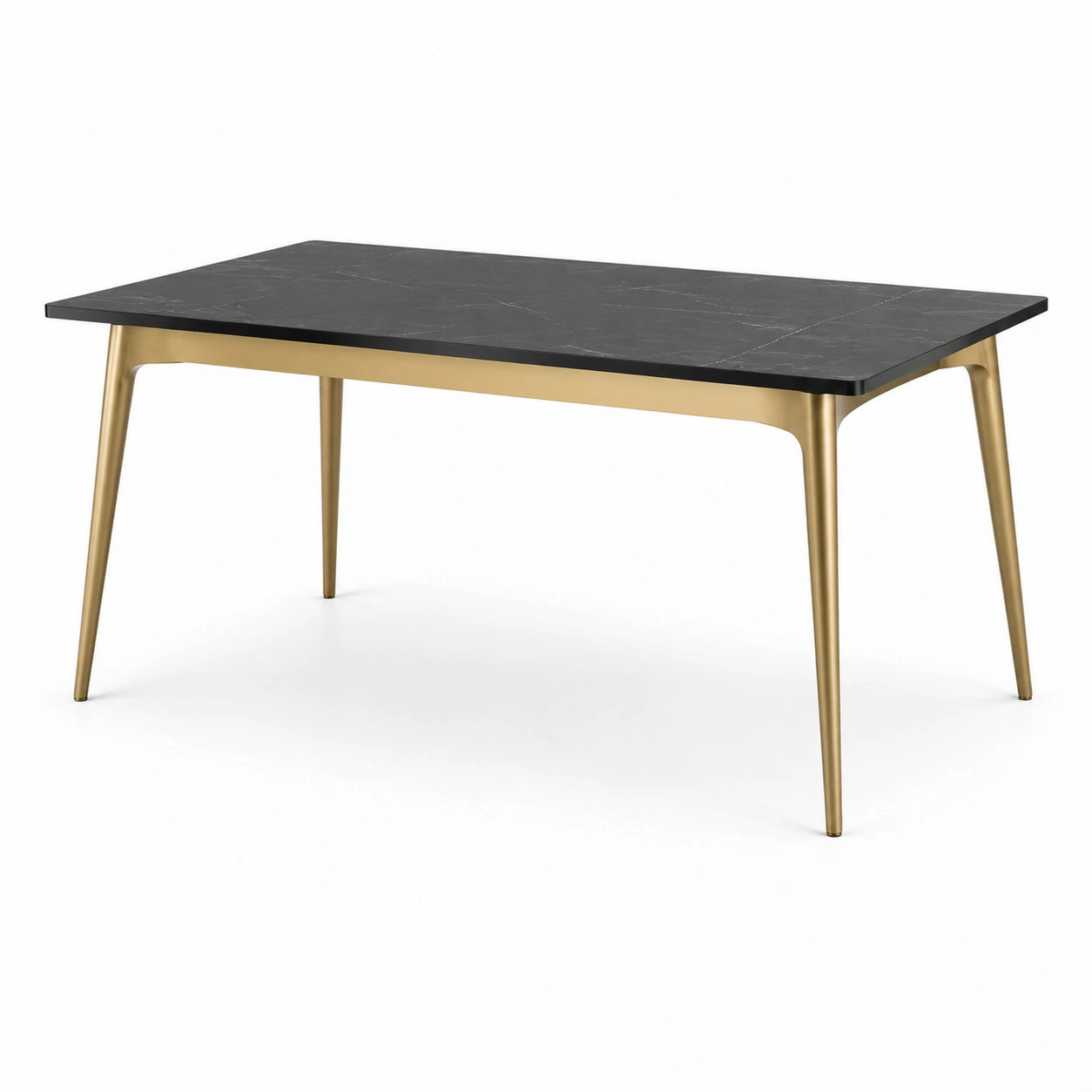 Table à manger rectangulaire 140 × 80 × 75 cm, plateau noir effet marbre et structure en métal doré