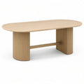 Table à manger contemporaine beige et dorée effet travertin, 180 × 90 × 76 cm, pieds cannelés