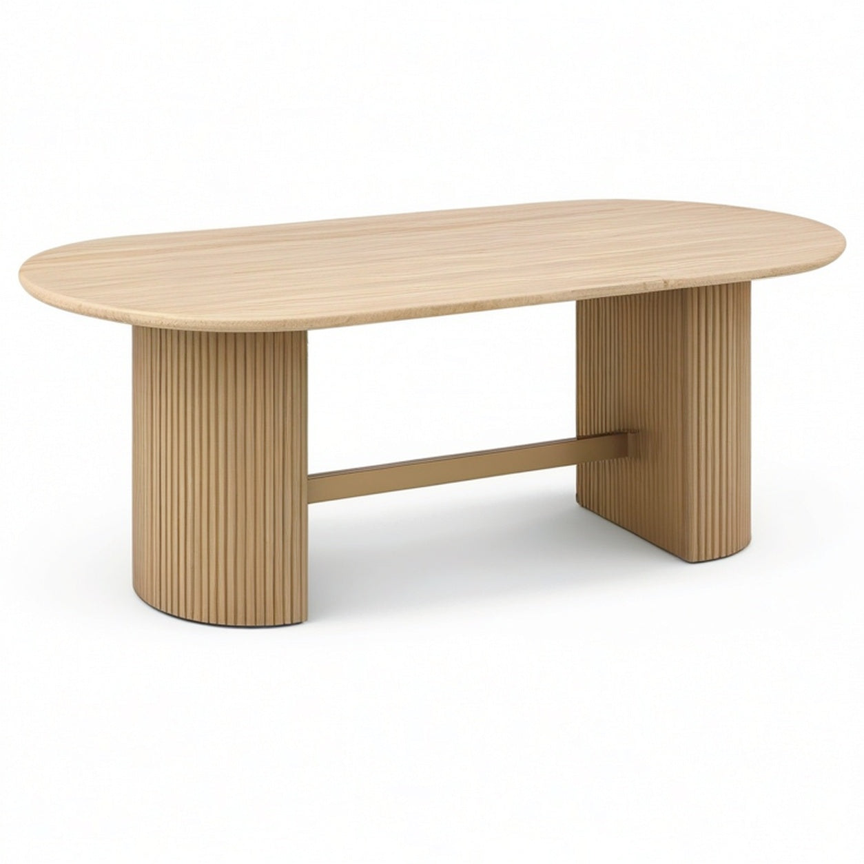 Table à manger contemporaine beige et dorée effet travertin, 180 × 90 × 76 cm, pieds cannelés