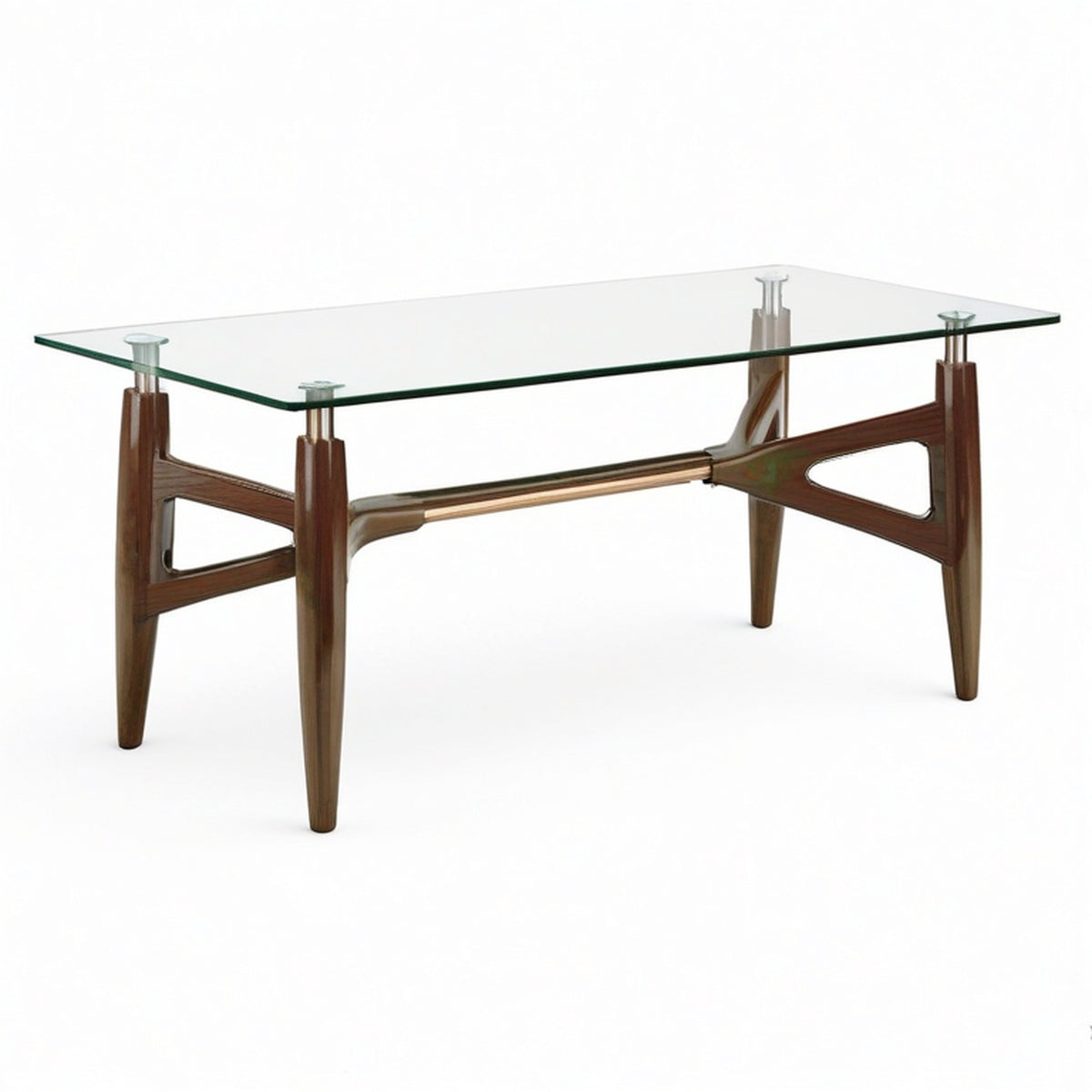Table rectangulaire en verre transparent et bois marron avec détails dorés, 160 × 90 × 75 cm