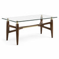 Table rectangulaire en verre transparent et bois marron avec détails dorés, 160 × 90 × 75 cm