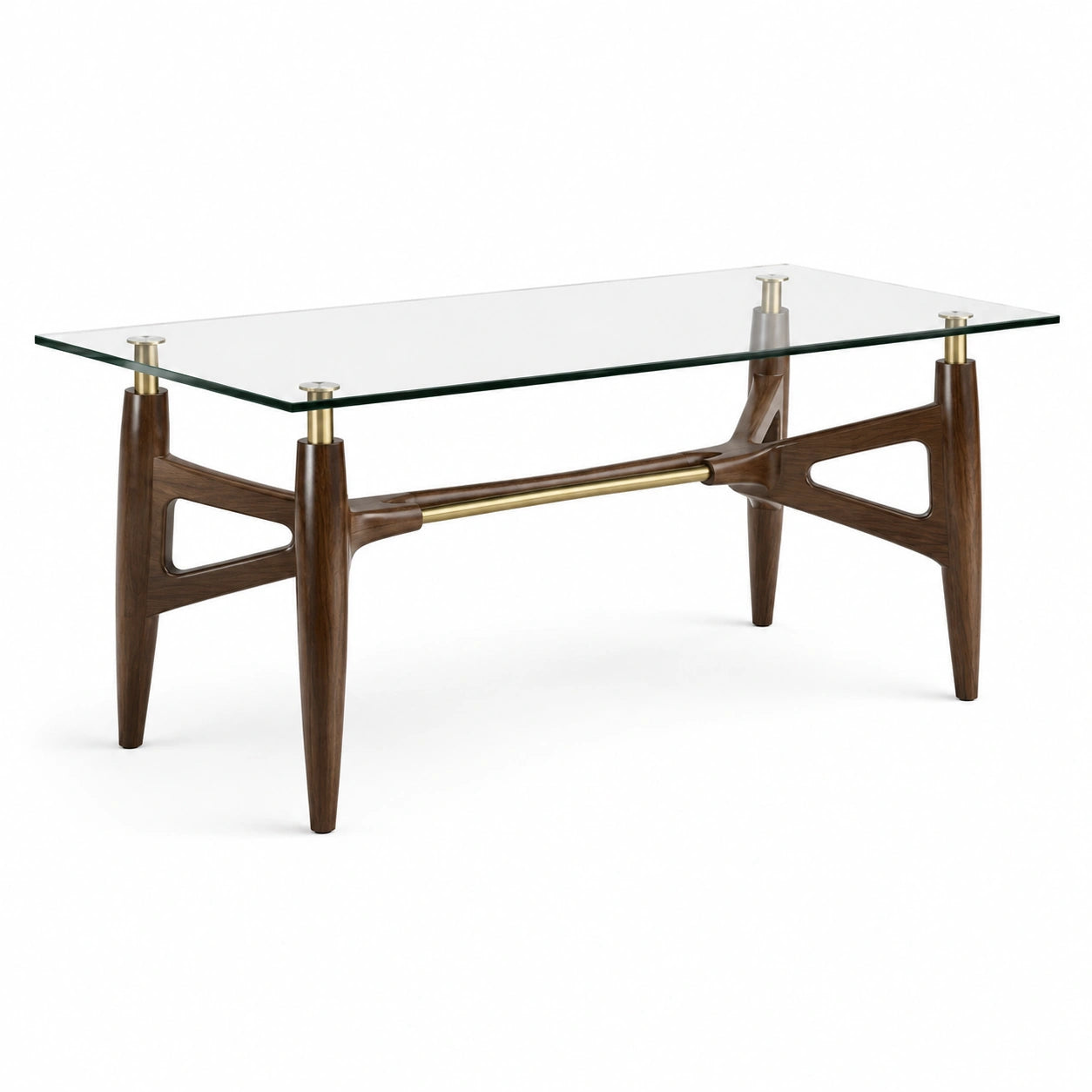 Table rectangulaire en verre transparent et bois marron avec détails dorés, 160 × 90 × 75 cm