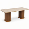 Table à manger rectangulaire 200 × 100 × 76 cm, effet pierre beige, pieds cannelés marron et finitions dorées