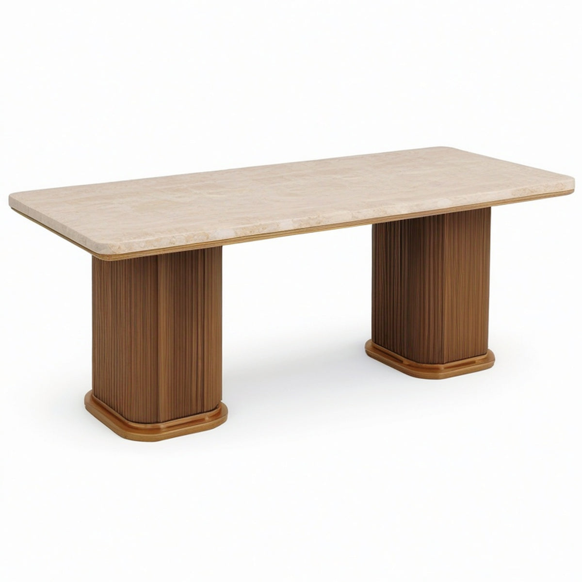 Table à manger rectangulaire 200 × 100 × 76 cm, effet pierre beige, pieds cannelés marron et finitions dorées