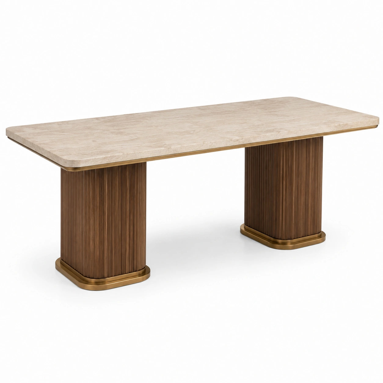 Table à manger rectangulaire 200 × 100 × 76 cm, effet pierre beige, pieds cannelés marron et finitions dorées