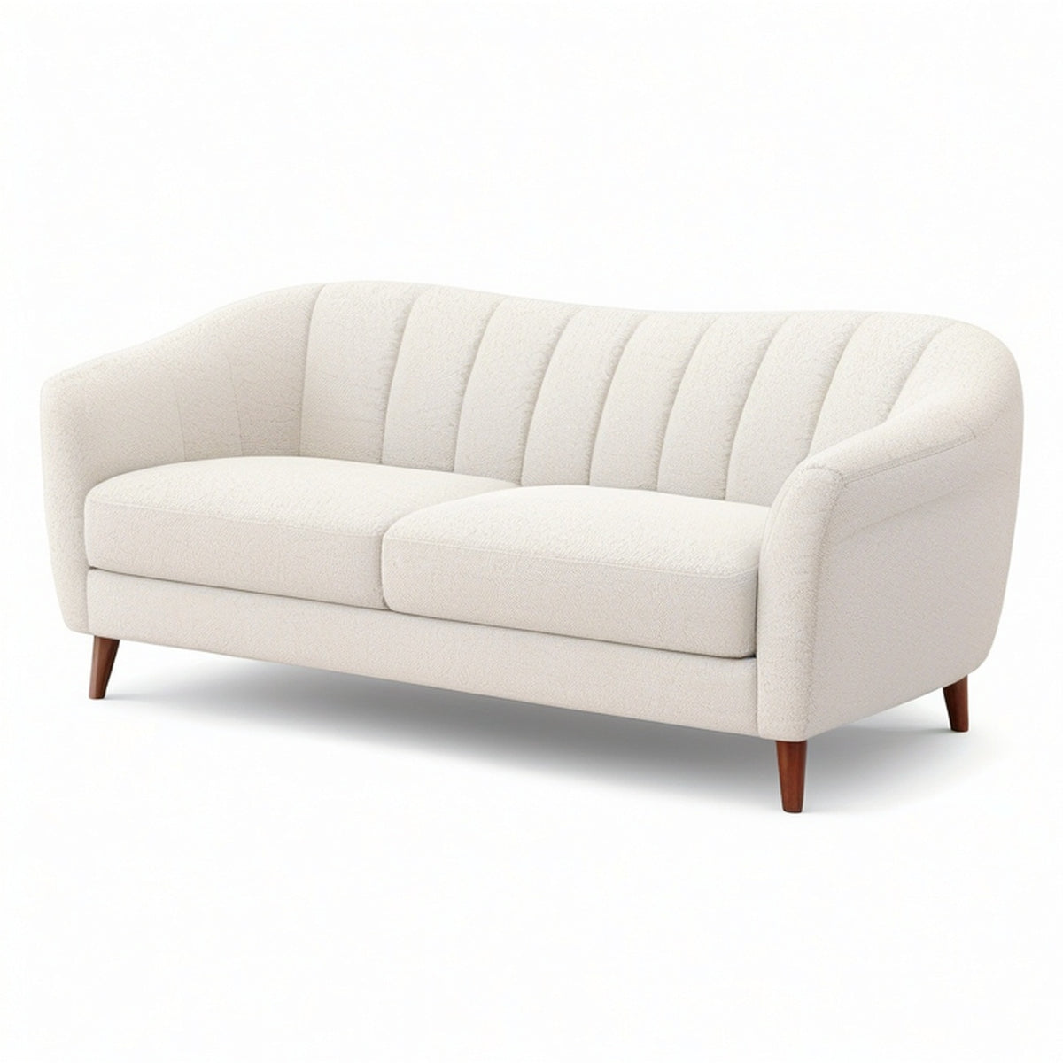 Canapé 2 places en tissu bouclé blanc cassé avec dossier cannelé et pieds marron, 180 × 84 × 78 cm
