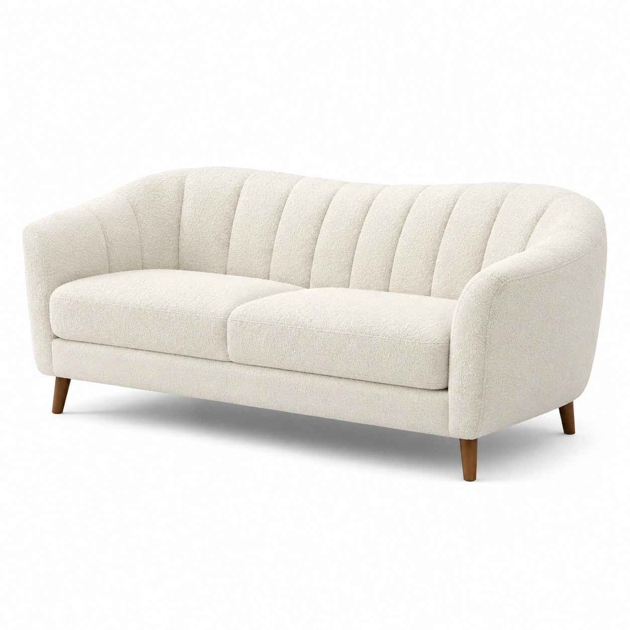Canapé 2 places en tissu bouclé blanc cassé avec dossier cannelé et pieds marron, 180 × 84 × 78 cm