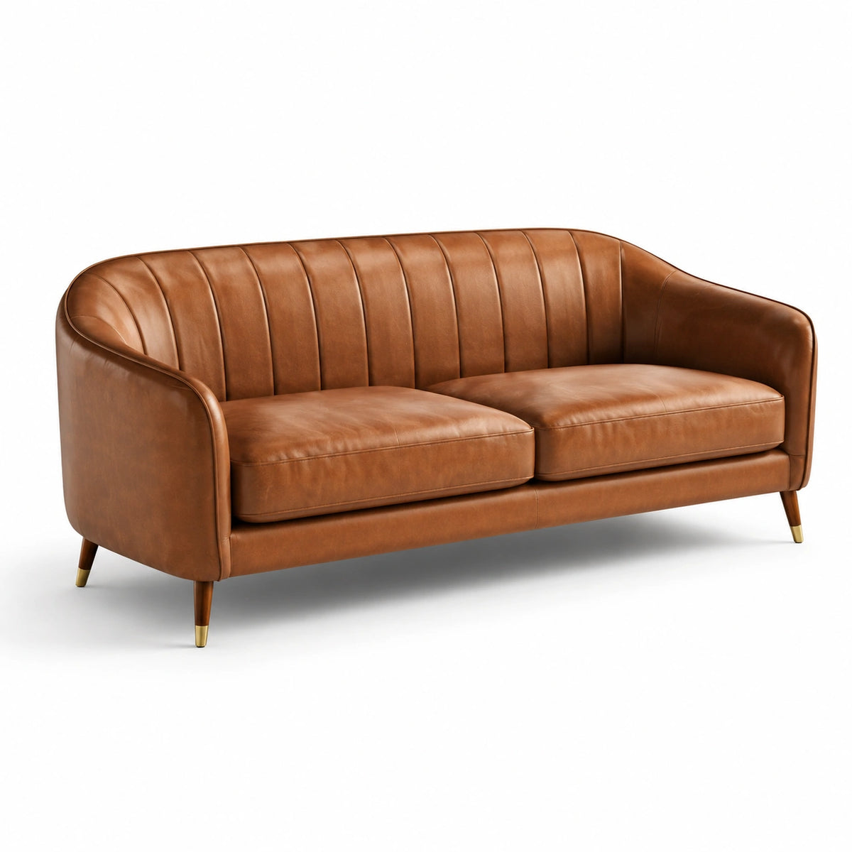 Canapé 3 places en similicuir marron cognac, dossier cannelé rétro, 202 × 83 × 82 cm