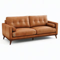 Canapé 3 places vintage effet cuir marron cognac et bois marron foncé, 215 × 90 × 85 cm