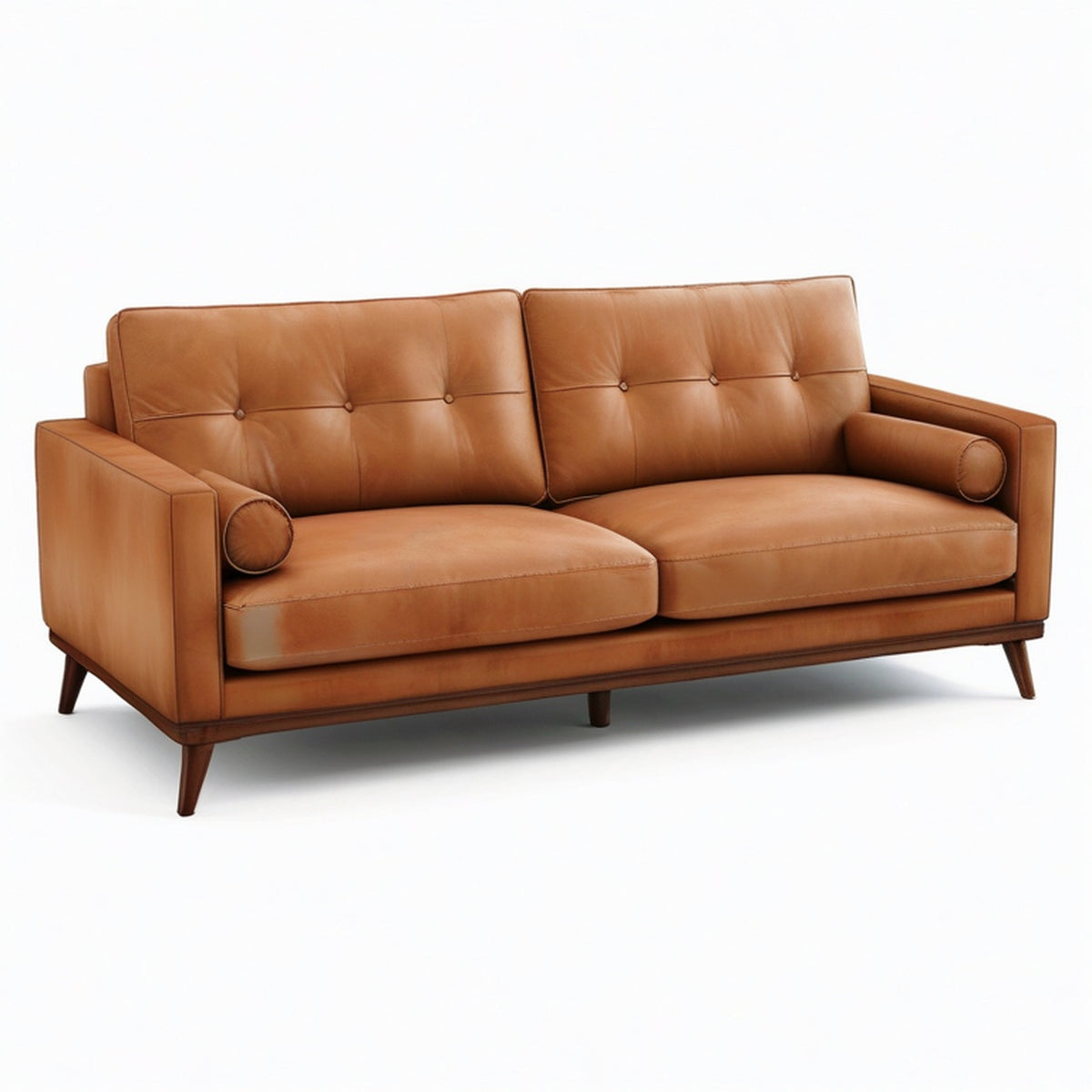 Canapé 3 places vintage effet cuir marron cognac et bois marron foncé, 215 × 90 × 85 cm