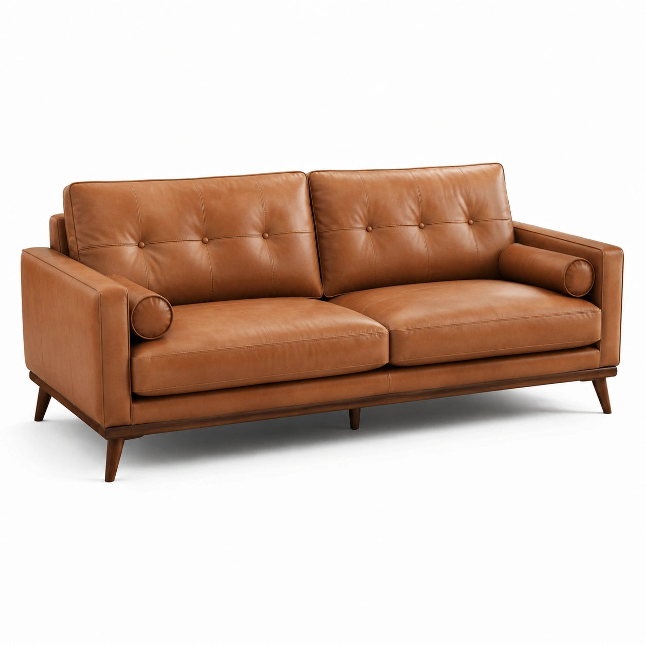 Canapé 3 places vintage effet cuir marron cognac et bois marron foncé, 215 × 90 × 85 cm