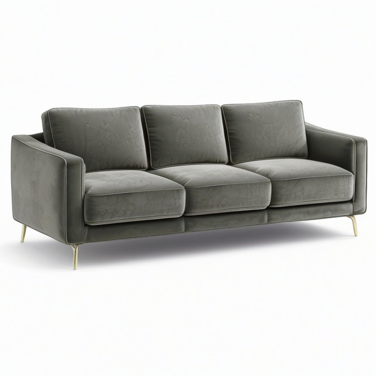 Canapé 3 places en velours vert olive avec pieds en métal doré, 220 × 90 × 85 cm