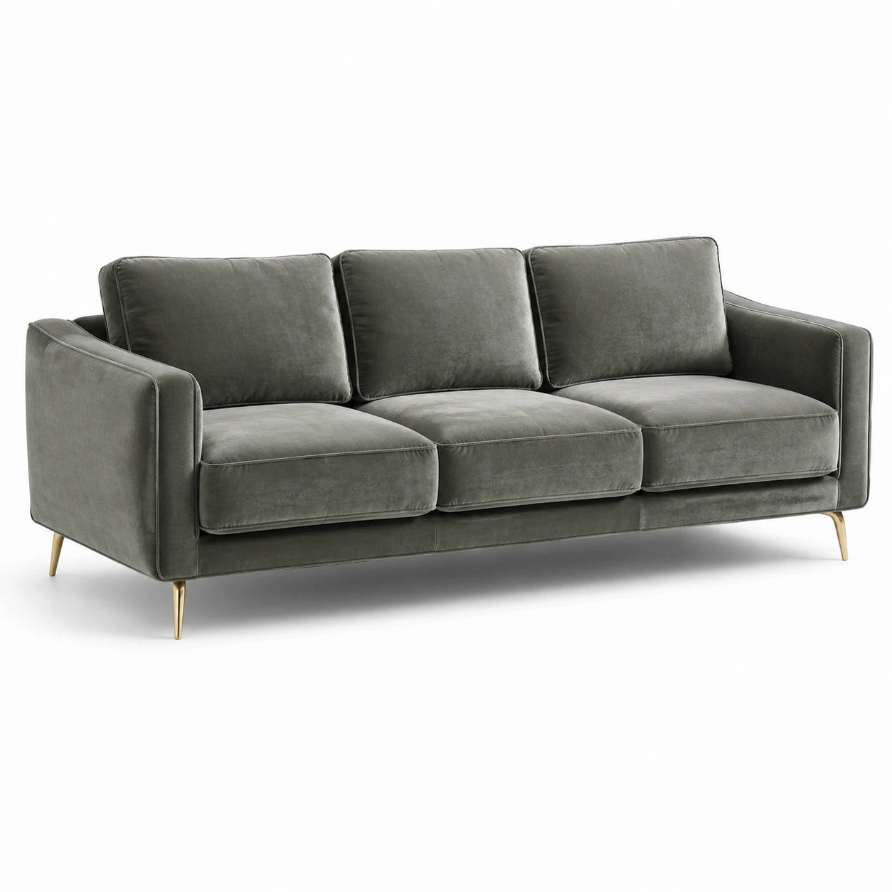 Canapé 3 places en velours vert olive avec pieds en métal doré, 220 × 90 × 85 cm