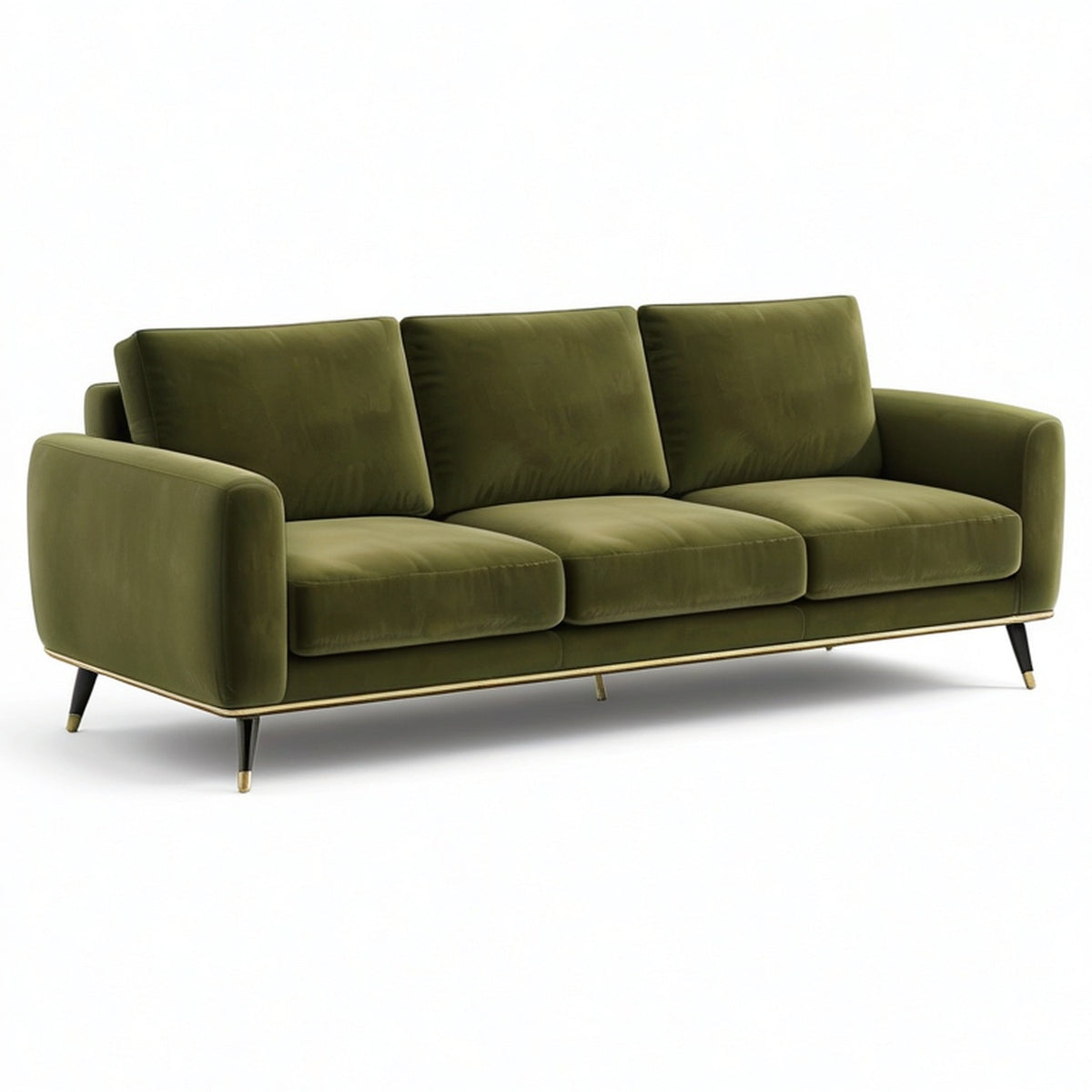 Canapé 3 places en velours vert olive, 220 × 90 × 85 cm, pieds noirs et dorés