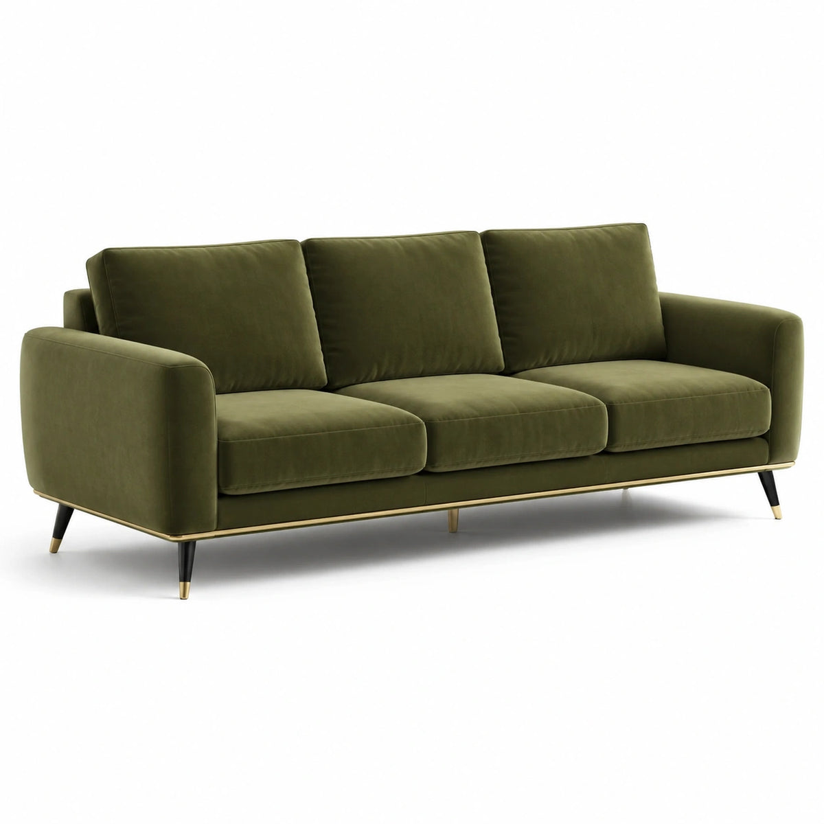 Canapé 3 places en velours vert olive, 220 × 90 × 85 cm, pieds noirs et dorés
