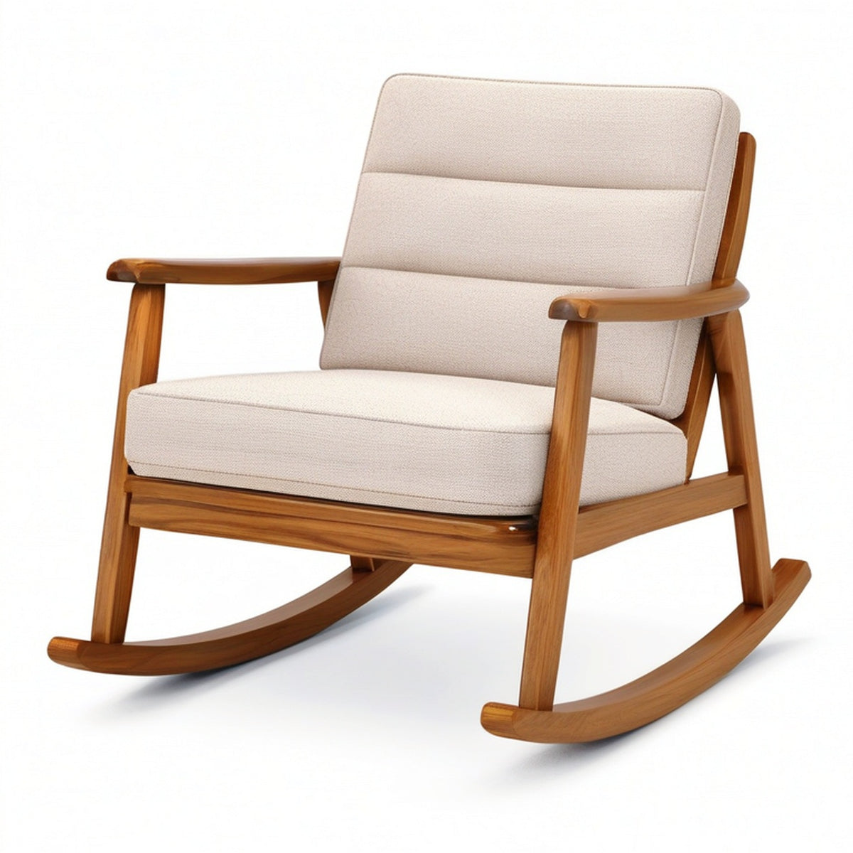 Fauteuil à bascule rétro en bois brun et tissu beige, 93 × 72 × 88 cm