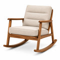 Fauteuil à bascule rétro en bois brun et tissu beige, 93 × 72 × 88 cm