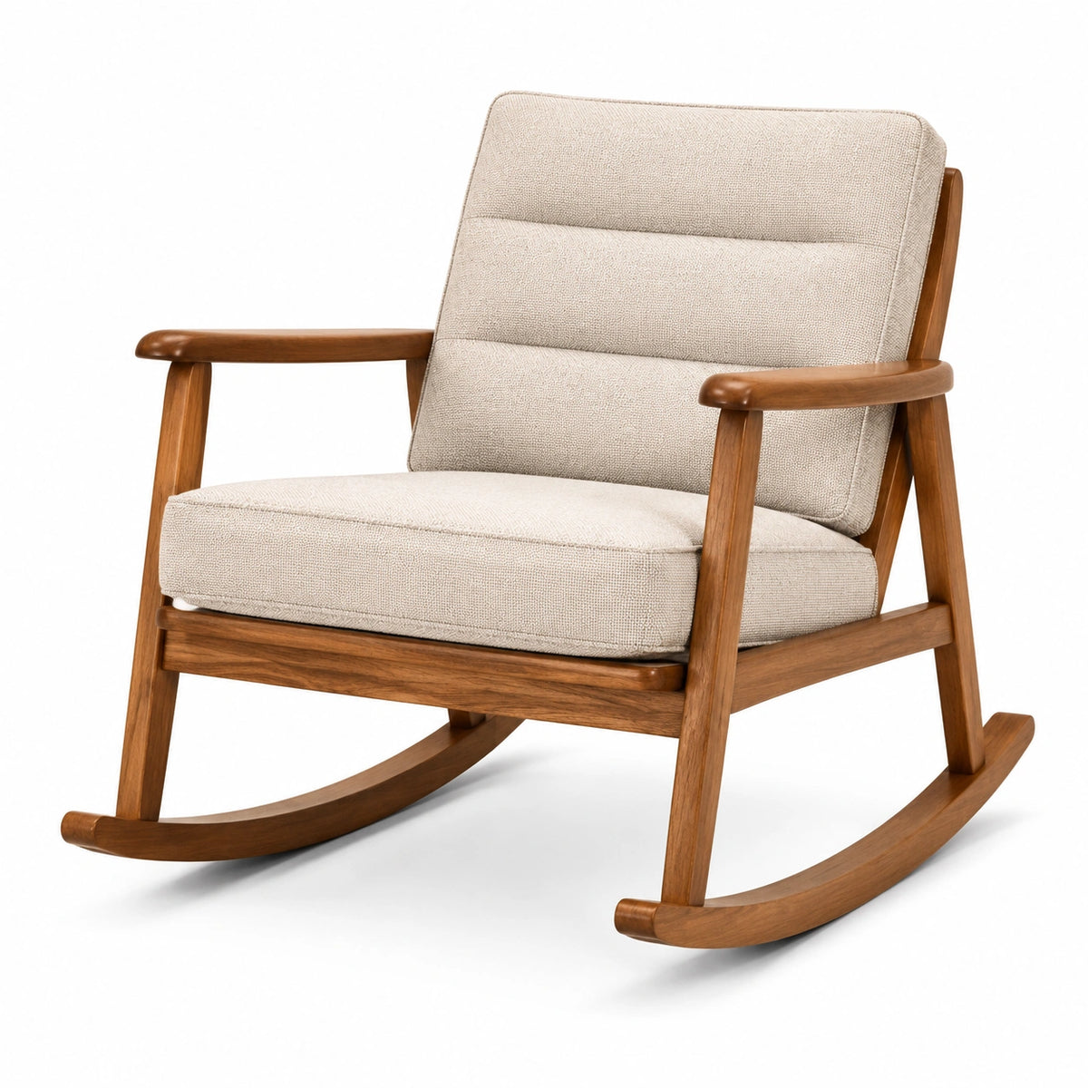 Fauteuil à bascule rétro en bois brun et tissu beige, 93 × 72 × 88 cm