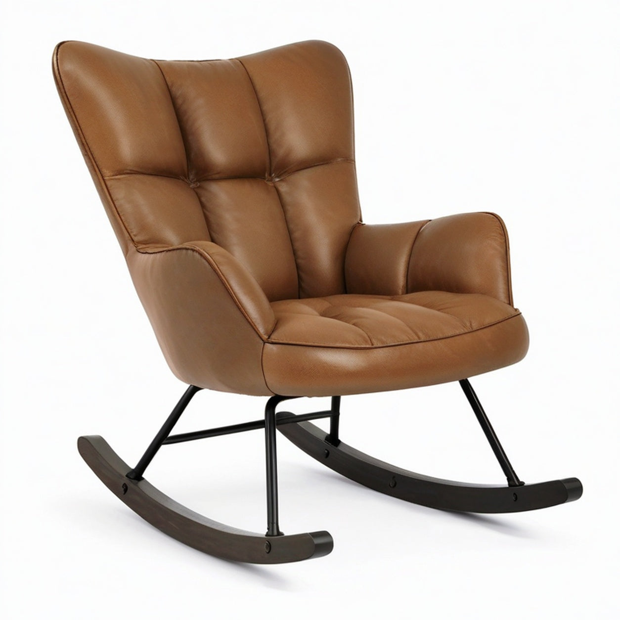 Fauteuil à bascule rembourré marron avec structure noire et patins brun foncé, 90 × 75 × 100 cm