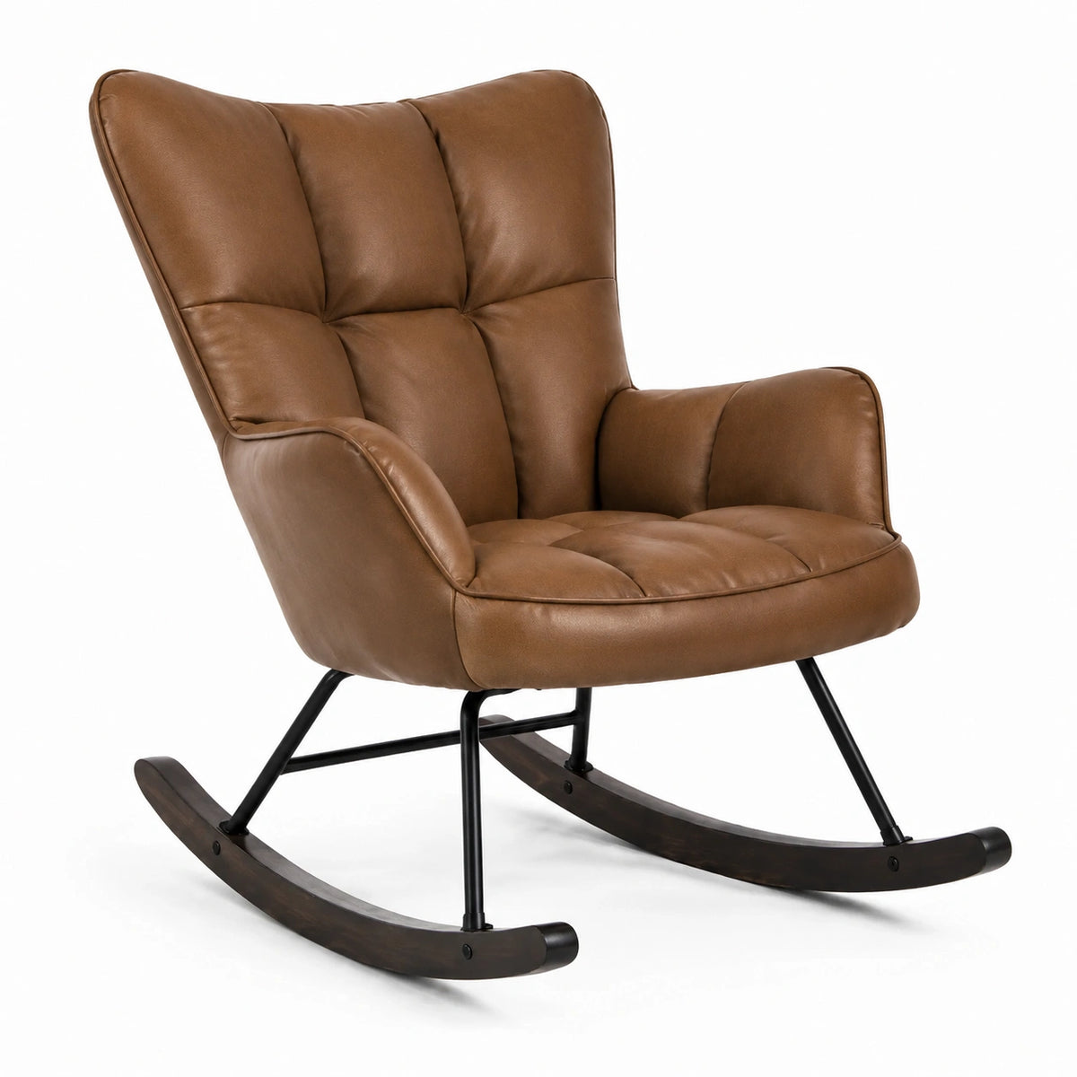 Fauteuil à bascule rembourré marron avec structure noire et patins brun foncé, 90 × 75 × 100 cm