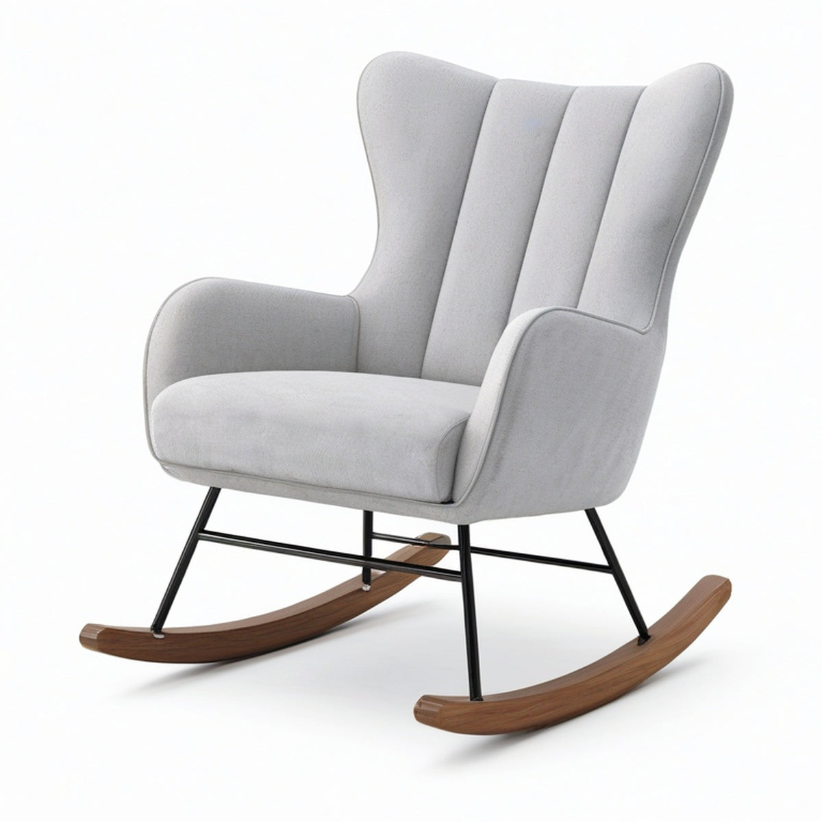 Fauteuil à bascule contemporain 75 × 90 × 100 cm en tissu gris, métal noir et bois marron