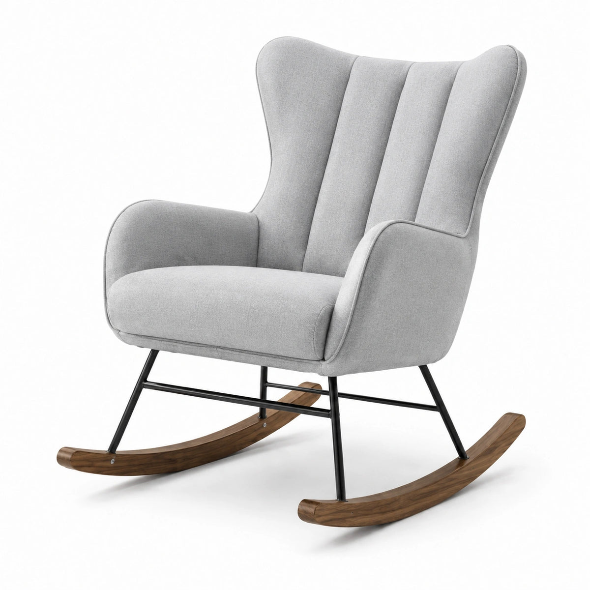 Fauteuil à bascule contemporain 75 × 90 × 100 cm en tissu gris, métal noir et bois marron