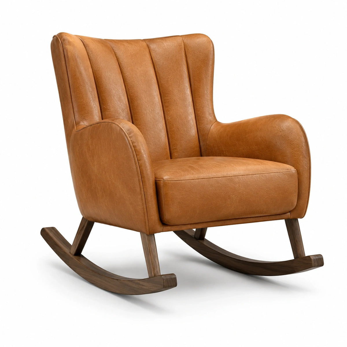 Fauteuil à bascule rétro 100 × 78 × 102 cm, effet cuir camel et bois marron foncé