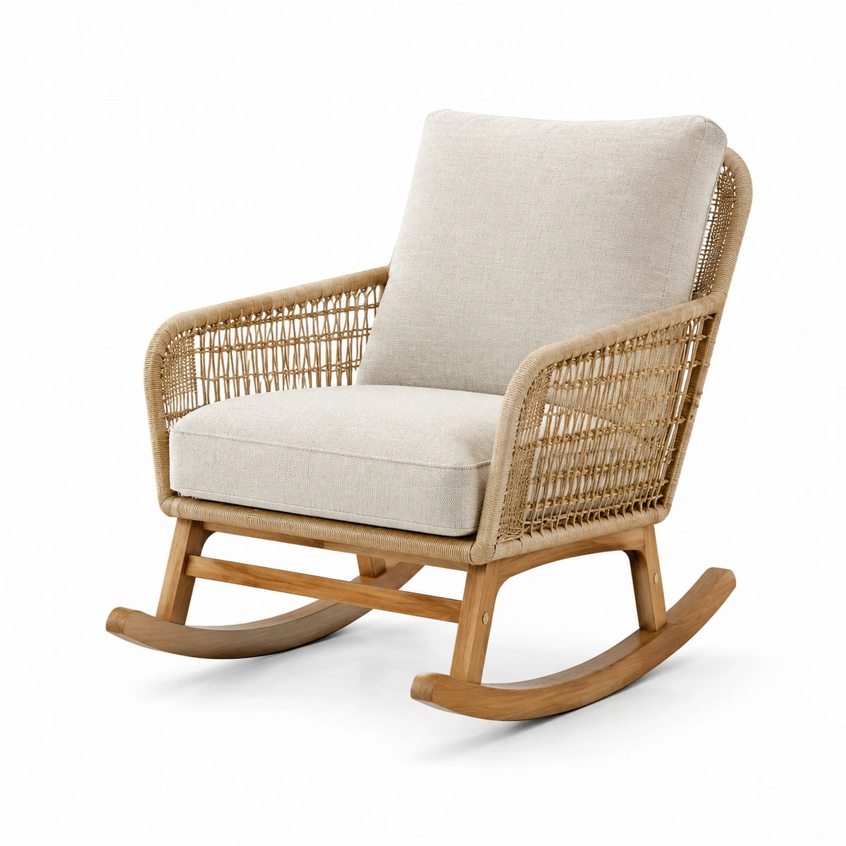 Fauteuil à bascule en bois et fibres tressées beige, 74 × 96 × 95 cm