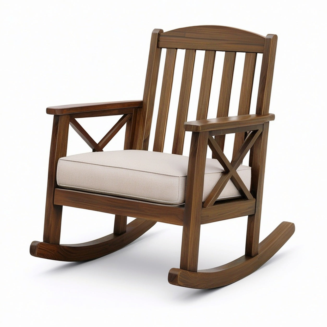 Fauteuil à bascule en bois brun avec assise beige, 69 × 86 × 106 cm, style rustique