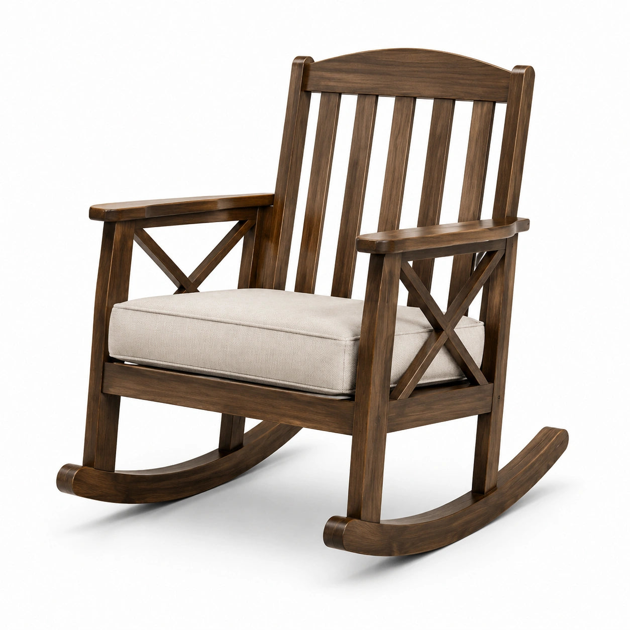 Fauteuil à bascule en bois brun avec assise beige, 69 × 86 × 106 cm, style rustique