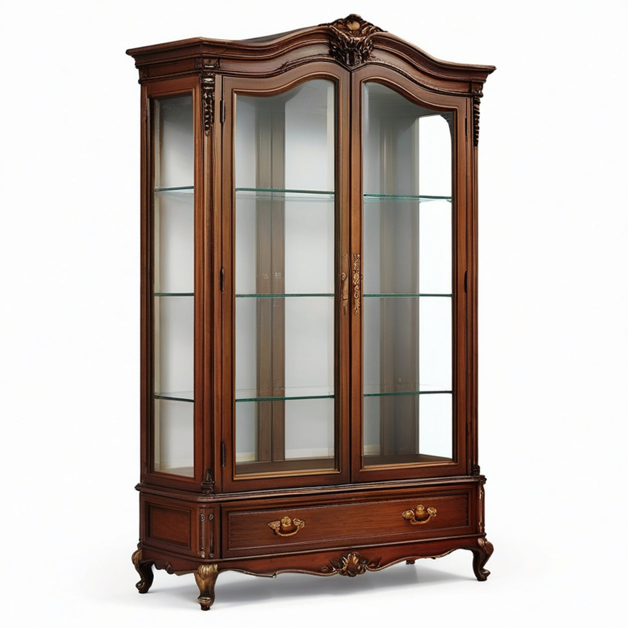 Vitrine classique en bois brun et verre transparent avec 2 portes, 3 tablettes et 1 tiroir, 120 × 45 × 205 cm