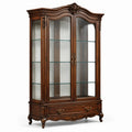 Vitrine classique en bois brun et verre transparent avec 2 portes, 3 tablettes et 1 tiroir, 120 × 45 × 205 cm