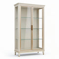 Vitrine en bois et verre blanc cassé et doré, 100 × 40 × 190 cm, 2 portes vitrées et 3 étagères