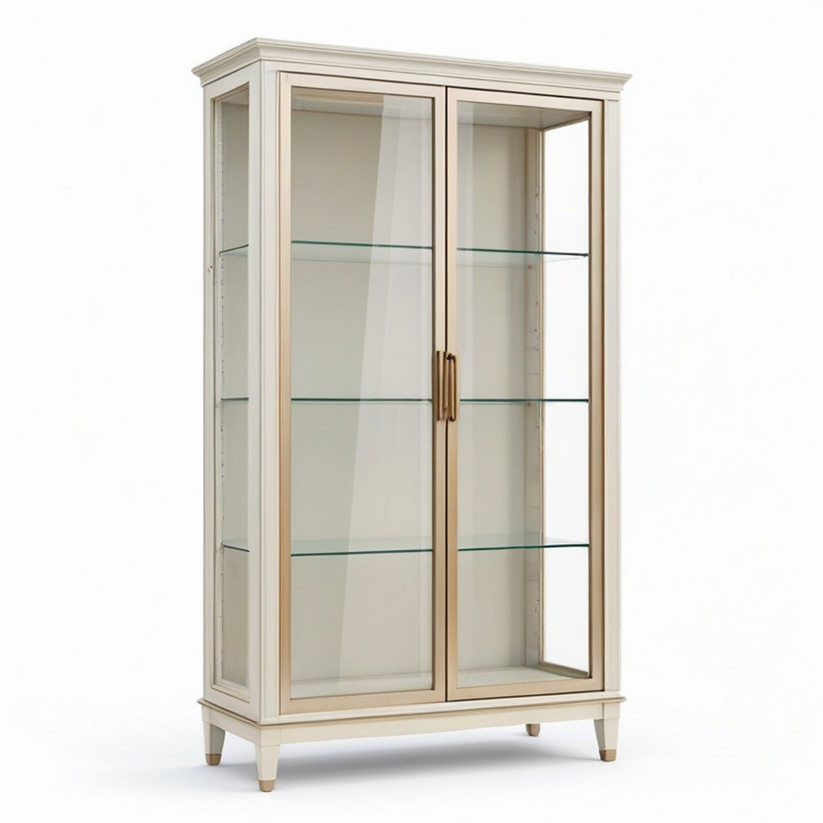 Vitrine en bois et verre blanc cassé et doré, 100 × 40 × 190 cm, 2 portes vitrées et 3 étagères